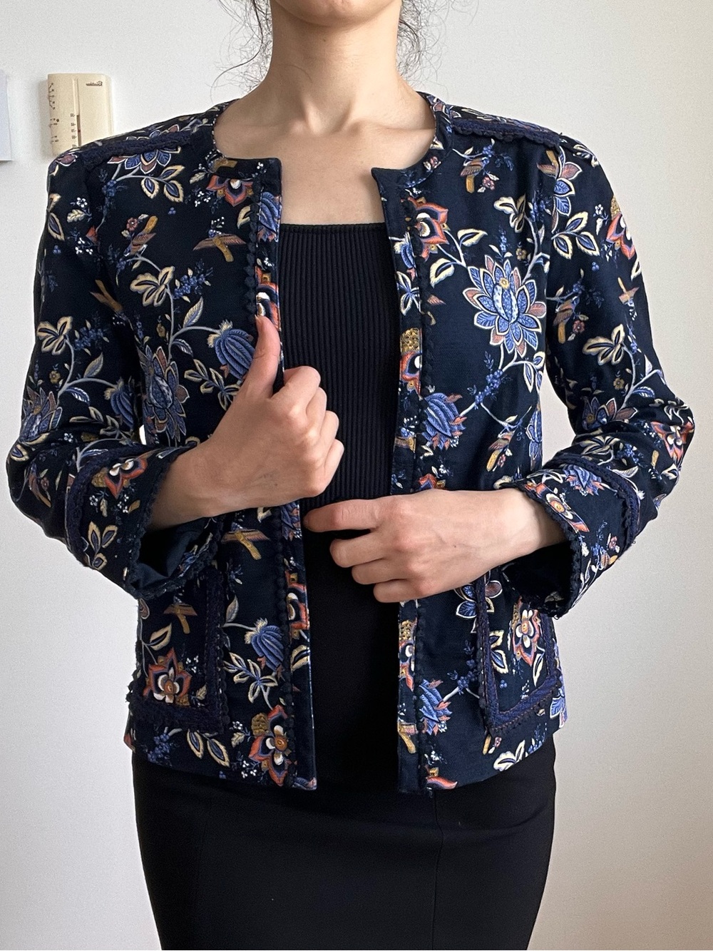 LOFT Navy Floral Embroidered Blazer